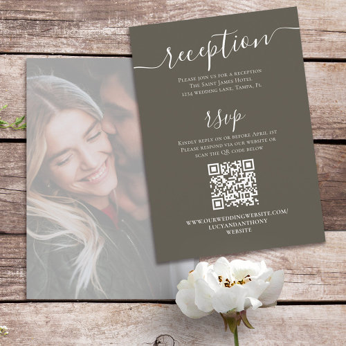 Simple Calligraphy Photo Brown  QR Code RSVP Enclosure Card