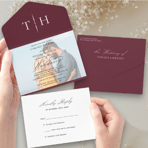 Simple Calligraphy Photo Burgundy RSVP Wedding All All In One Invitation