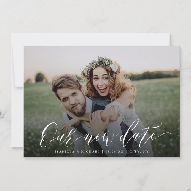 Simple calligraphy photo change the date Postponed Invitation (Front)