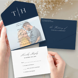 Simple Calligraphy Photo Navy Blue RSVP Wedding Al All In One Invitation