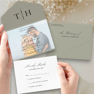 Simple Calligraphy Photo Sage Green RSVP Wedding All In One Invitation