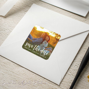 Simple Calligraphy Photo Wedding Save the Date Square Sticker