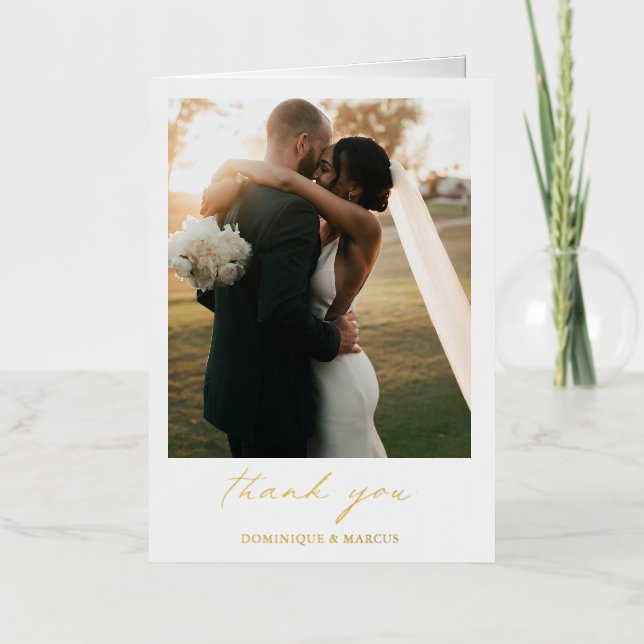 Simple Calligraphy Photo Wedding Thank You Gold Foil Greeting Card (Front)
