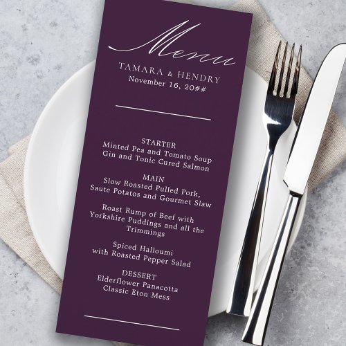 Simple Calligraphy Purple Wedding Menu