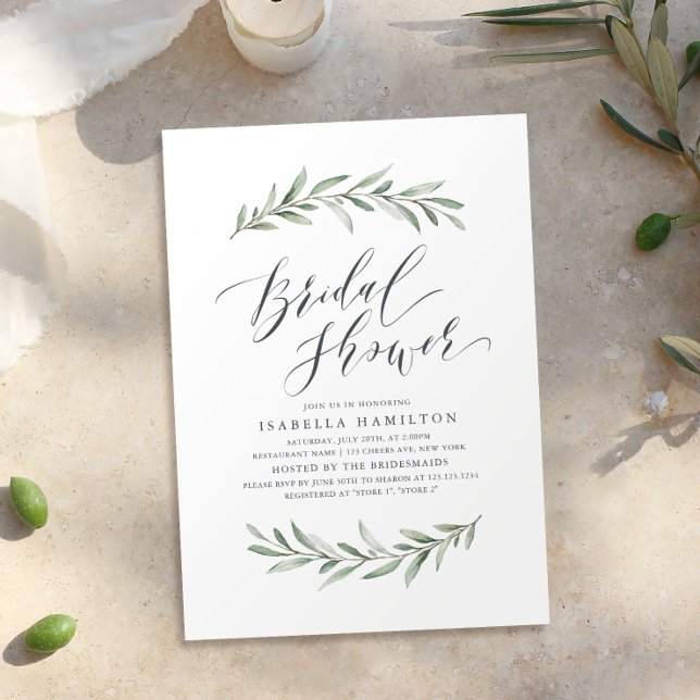 Simple calligraphy rustic greenery bridal shower invitation