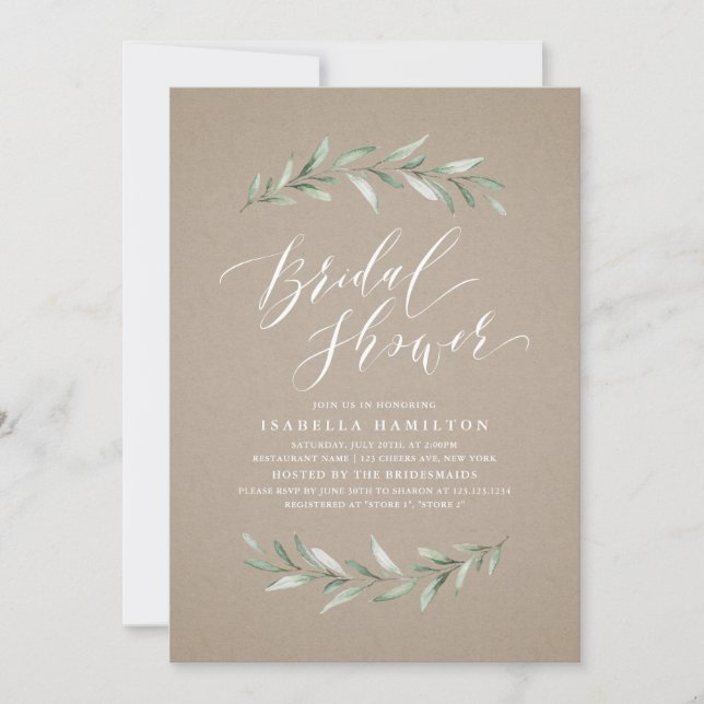 Simple calligraphy rustic greenery bridal shower invitation (Front)