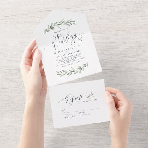 Simple calligraphy rustic greenery wedding  all in all in one invitation