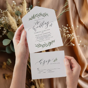 Simple calligraphy rustic greenery wedding  all in one invitation