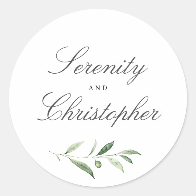 Simple calligraphy rustic greenery wedding favors classic round sticker (Front)