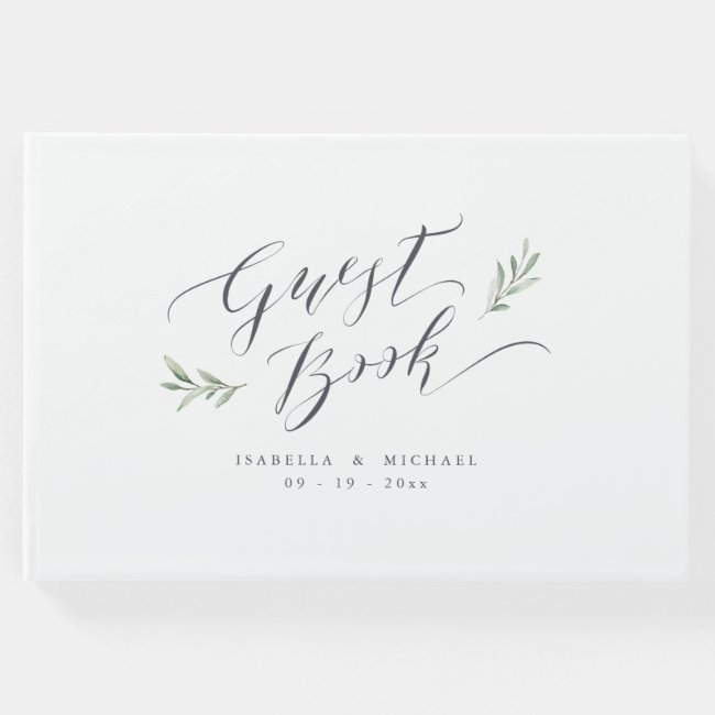 Simple calligraphy rustic greenery wedding guest book
