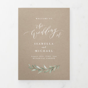 Simple calligraphy rustic greenery wedding program
