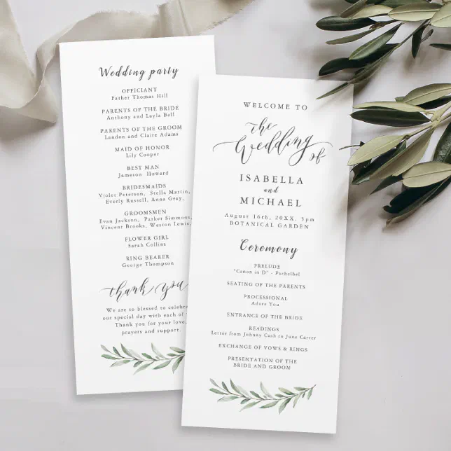 Simple calligraphy rustic greenery wedding program | Zazzle