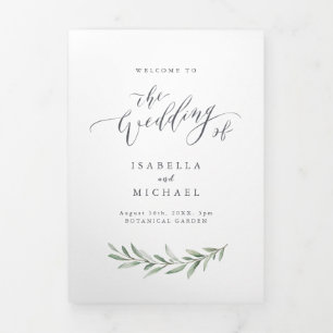 Simple calligraphy rustic greenery wedding program