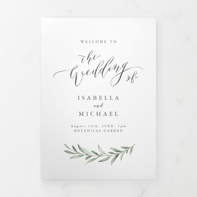 Simple calligraphy rustic greenery wedding program (Cover)