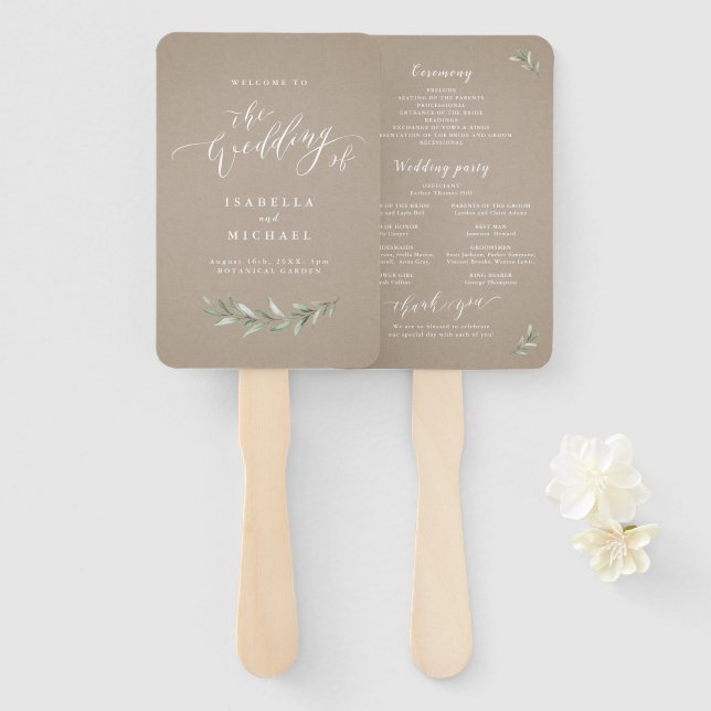 Simple calligraphy rustic greenery wedding program hand fan (Front and Back)