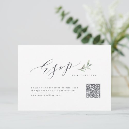 Simple calligraphy rustic greenery wedding QR code RSVP Card