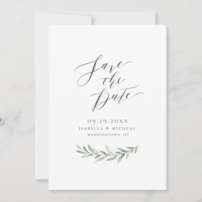 Simple calligraphy rustic greenery wedding save the date (Front)
