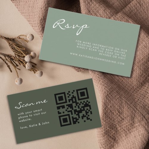 Simple Calligraphy Sage Green Wedding QR Code RSVP Enclosure Card