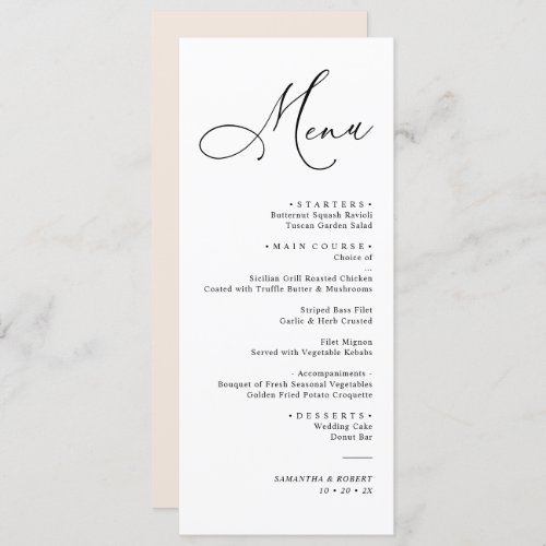 Simple Calligraphy Script Blush Wedding Dinner Menu - Designed to coordinate with our Romantic Script wedding collection, this customizable Menu card, features a sweeping script calligraphy text paired with a classy serif font in black with a dewy blush back with a customizable monogram. Matching items available.
