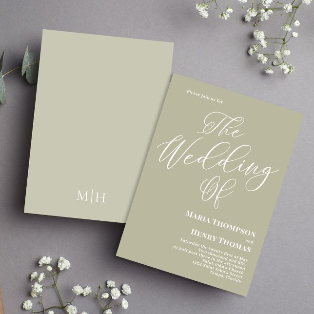 Simple Calligraphy Script Elegant Sage Green Invitation (Elegant calligraphy script sage green wedding invitation)