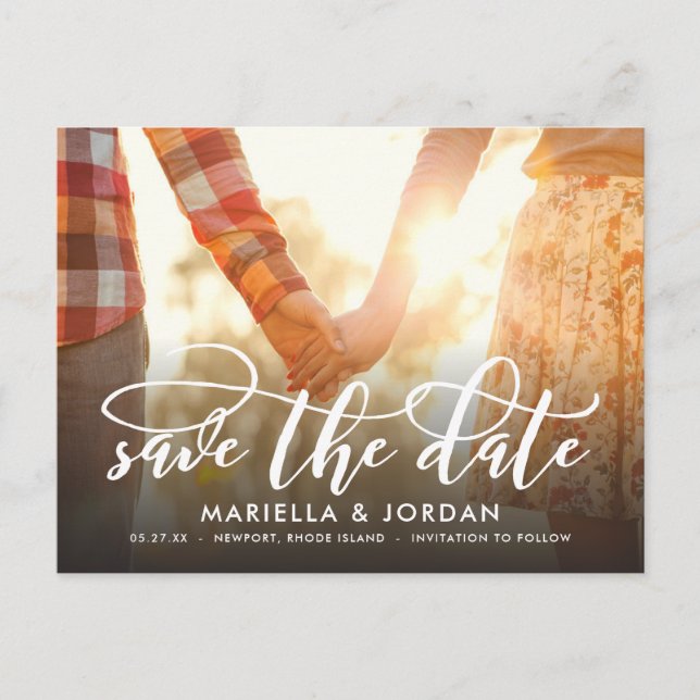 Simple Calligraphy Script Full Photo Save the Date Announcement Postcard (Front)