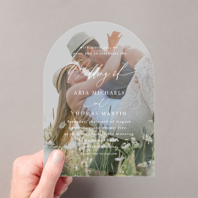 Simple Calligraphy Script Minimalist Photo Wedding Acrylic Invitations (Insitu (Handheld))