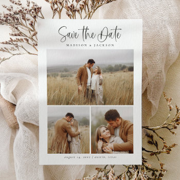 Simple Calligraphy Script Modern Four Photo Save The Date by JAmberDesign at Zazzle