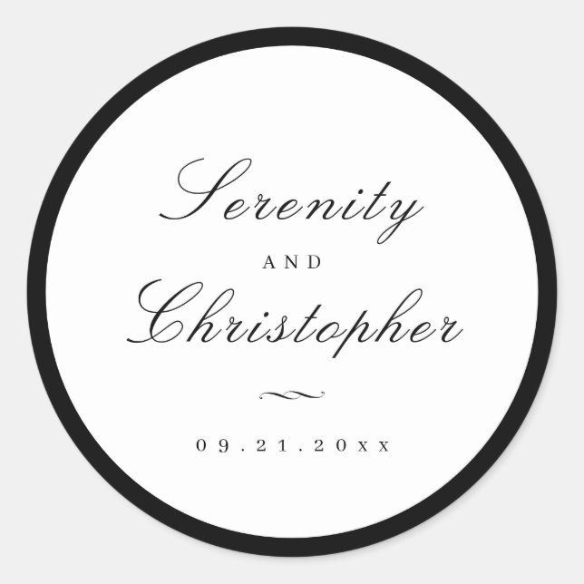 Simple calligraphy script simple wedding favors classic round sticker (Front)