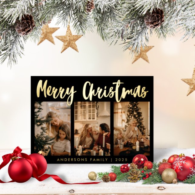 Simple Calligraphy Striped Three Photo Christmas Foil Holiday Card (Creator Uploaded)