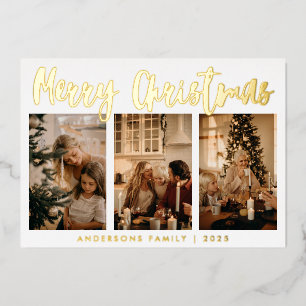 Simple Calligraphy Three Photo Christmas Foil Holi Foil Holiday Card