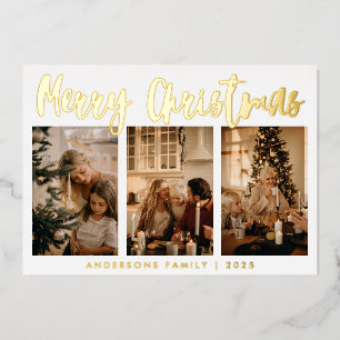 Simple Calligraphy Three Photo Christmas Foil Holi Holiday Card