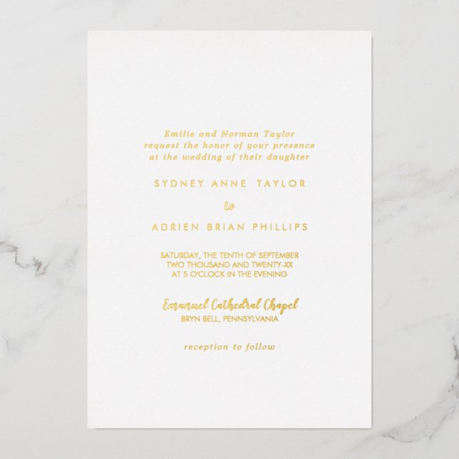 Simple Calligraphy Traditional Wedding Gold Foil Invitation (Front)