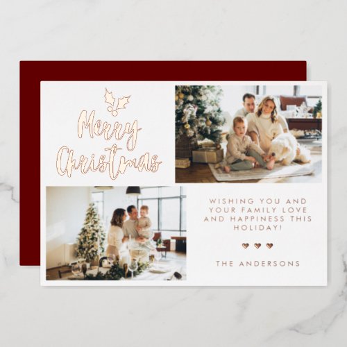 Simple Calligraphy Two Photo Collage Red Christmas Foil Holiday Card