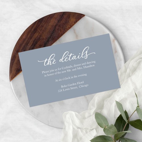 Simple Calligraphy Wedding Details Dusty Blue Enclosure Card