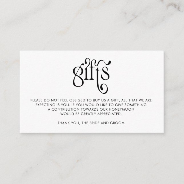 Simple Calligraphy Wedding Gifts Registry Enclosure Card (Front)