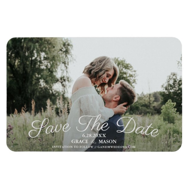 Simple Calligraphy Wedding Photo Save the Date Magnet (Horizontal)