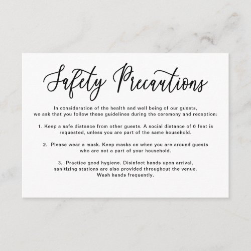 Simple Calligraphy Wedding Safety Precautions Enclosure Card