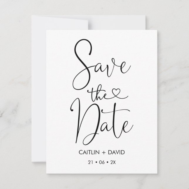 Simple Calligraphy With Heart Save The Date Card (Front)