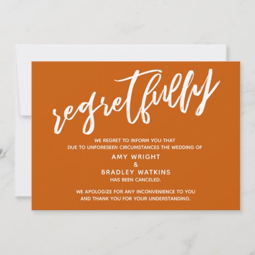 Simple Canceled Wedding Burnt Orange Regrets Card