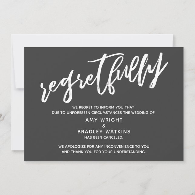 Simple Canceled Wedding Dark Gray Regretfully Card (Front)
