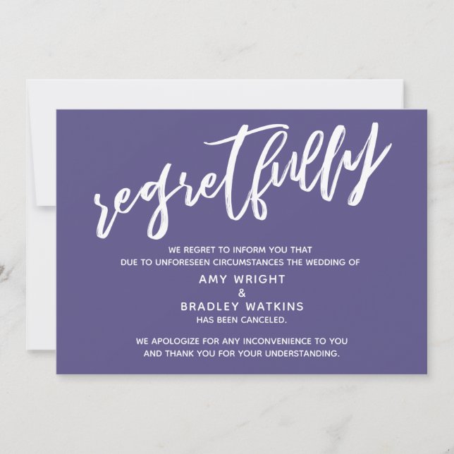 Simple Canceled Wedding Dusty Purple Regrets Card (Front)