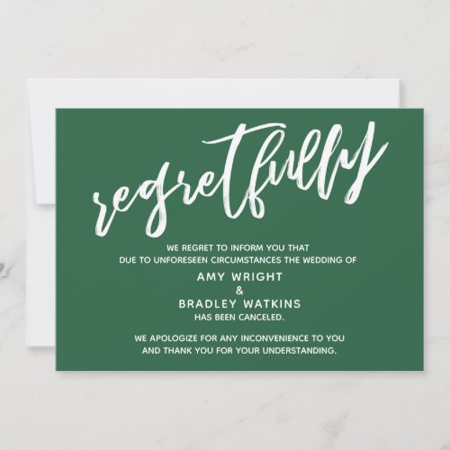 Simple Canceled Wedding Green Regretfully Card