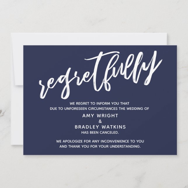 Simple Canceled Wedding Navy Blue Regretfully Card (Front)