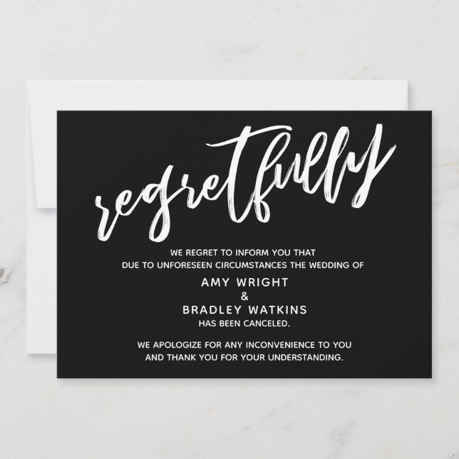 Simple Canceled Wedding Regretfully Black Card (Front)