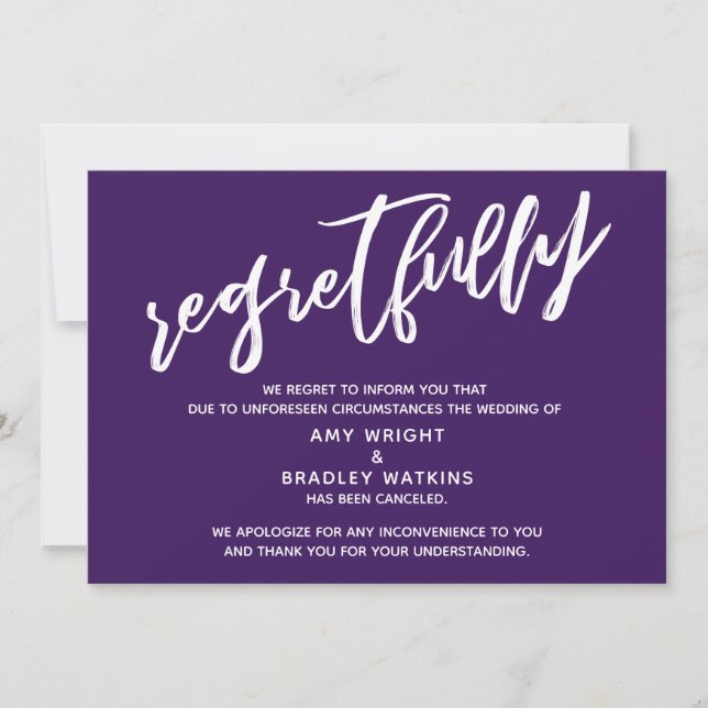Simple Canceled Wedding Regretfully Purple Card (Front)