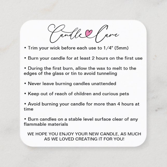 Simple Candle Care Instructions / Add Your Logo Square Business Card (Back)