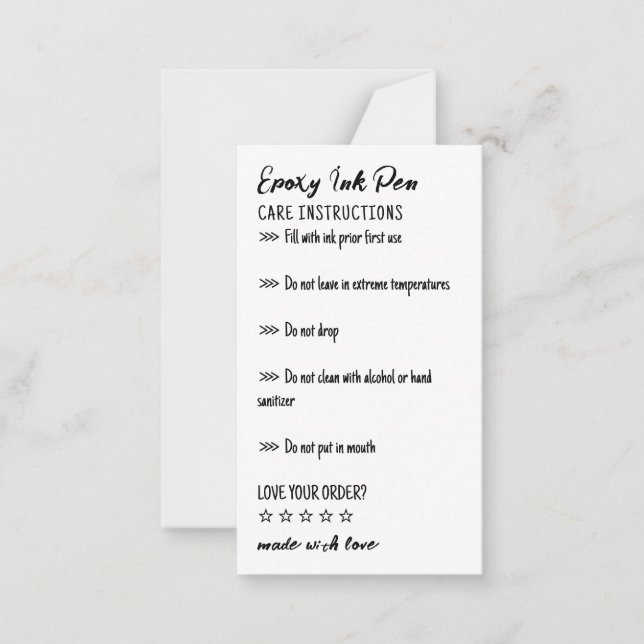Simple Care Instructions for Epoxy Pen Note Card (Front)