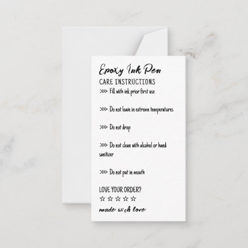 Simple Care Instructions for Epoxy Pen Note Card