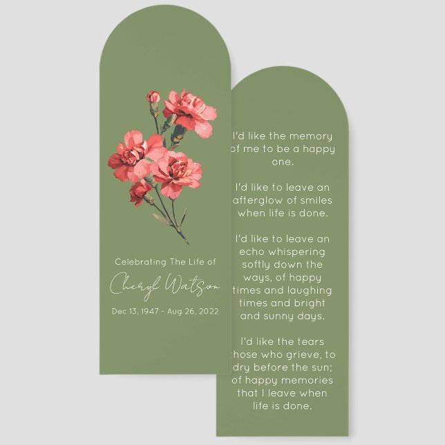 Simple Carnation Funeral Memorial Bookmark (Front & Back)
