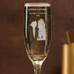 Simple, Cartoon-Iike Spouses Illustration Wedding Champagne Flute